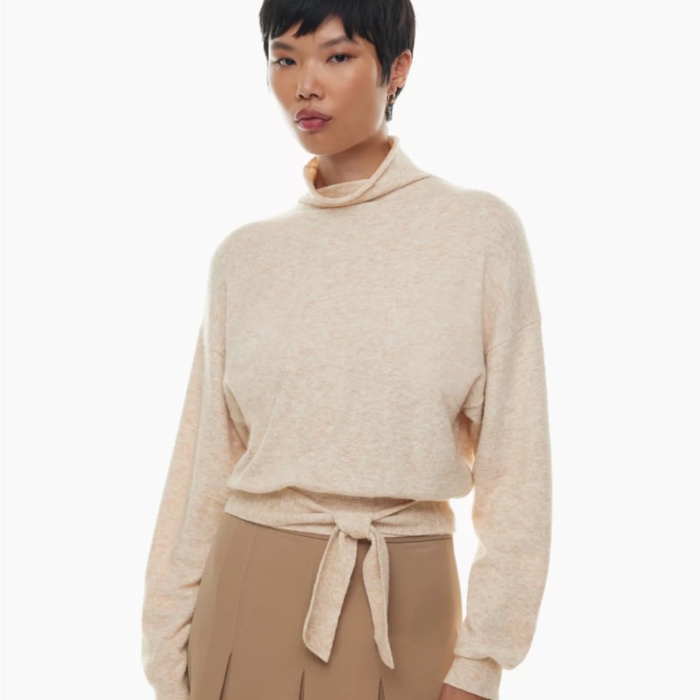 Wilfred Aritzia fuzzy pink tie front sweater